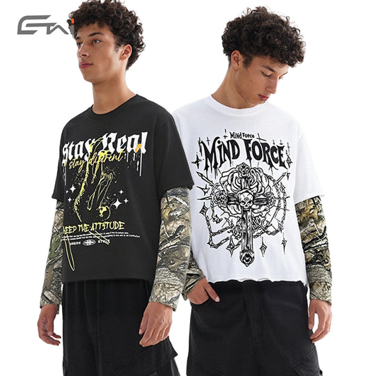 Herren Lagen-Langarm-T-Shirt mit Camouflage-Innensärmeln und Gothic-Print Nord Taschen