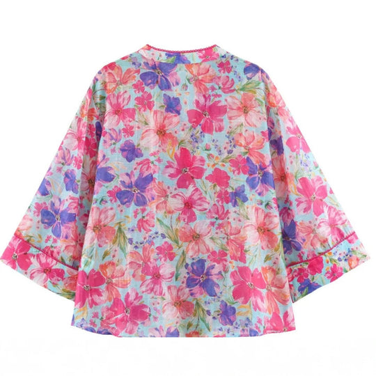 Damen Oversize‑Bluse mit leuchtendem Blumenprint, kastiger Silhouette und dreiviertelärmeln Nord Taschen