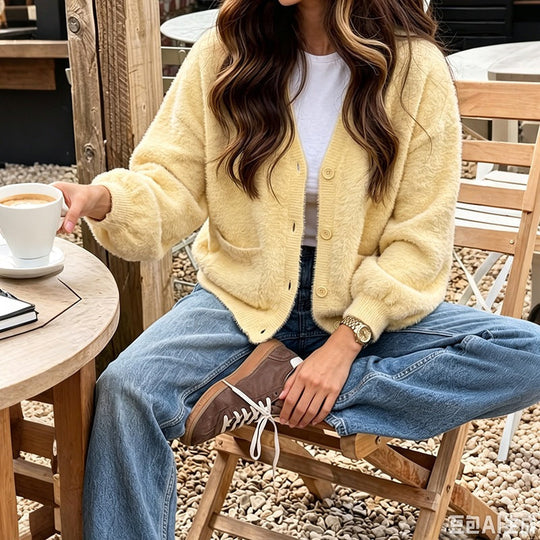Damen Kuschelige Oversize-Cardigan aus Teddy-Fleece mit V-Ausschnitt, aufgesetzten Taschen & Rippbündchen Nord Taschen