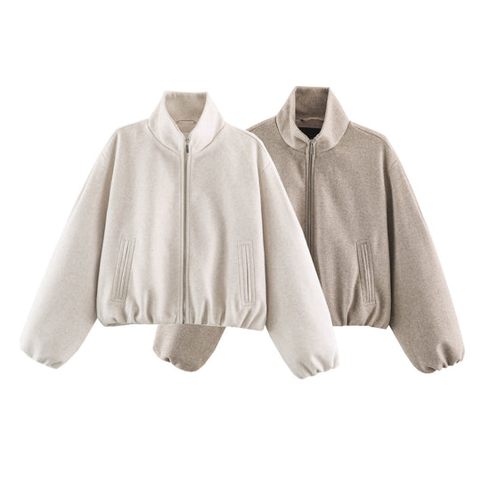 Damen Cropped Wolloptik‑Bomberjacke mit hohem Stehkragen und verdeckten Eingrifftaschen Nord Taschen
