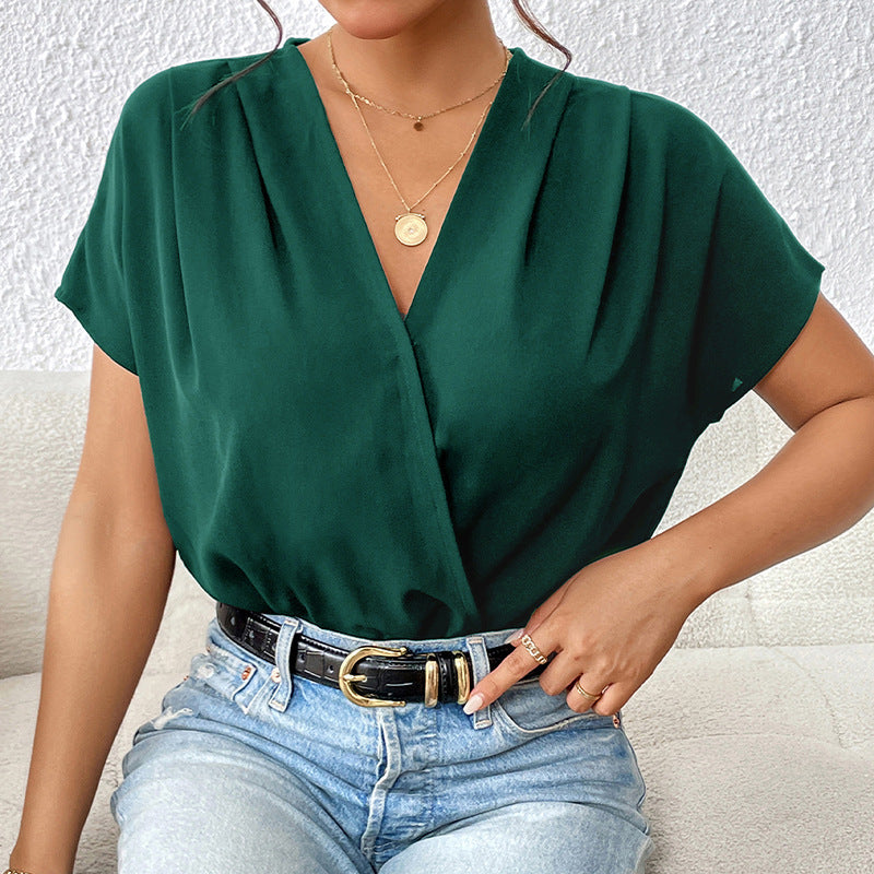 Damen Blusenshirt mit eleganter Wickeloptik und kurzen Ärmeln