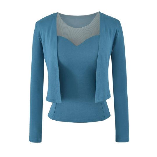 Damen Zweiteiliges Feinstrick-Top-Set mit Mesh-Einsatz und offenem Cardigan Nord Taschen