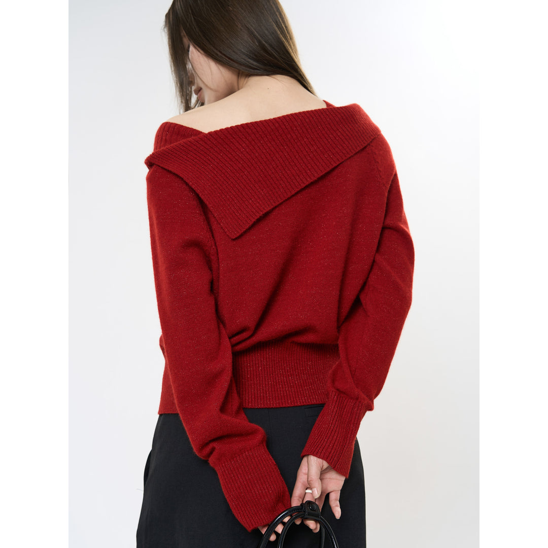 Damen Schulterfreier Oversize-Rippstrickpullover mit umgeschlagenem Kragen Nord Taschen