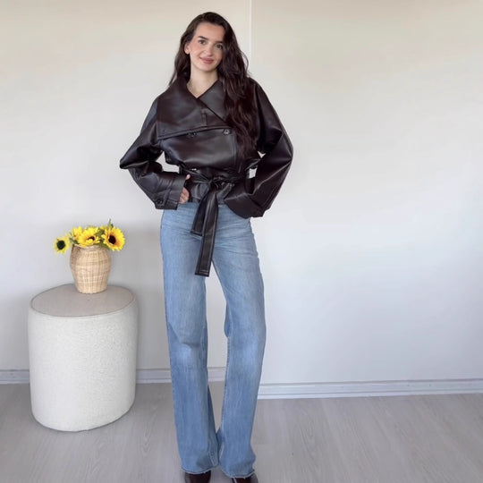 Damen 100+ Cropped Kunstleder-Trenchblouson mit doppelreihiger Knopfleiste und Taillengürtel Nord Taschen