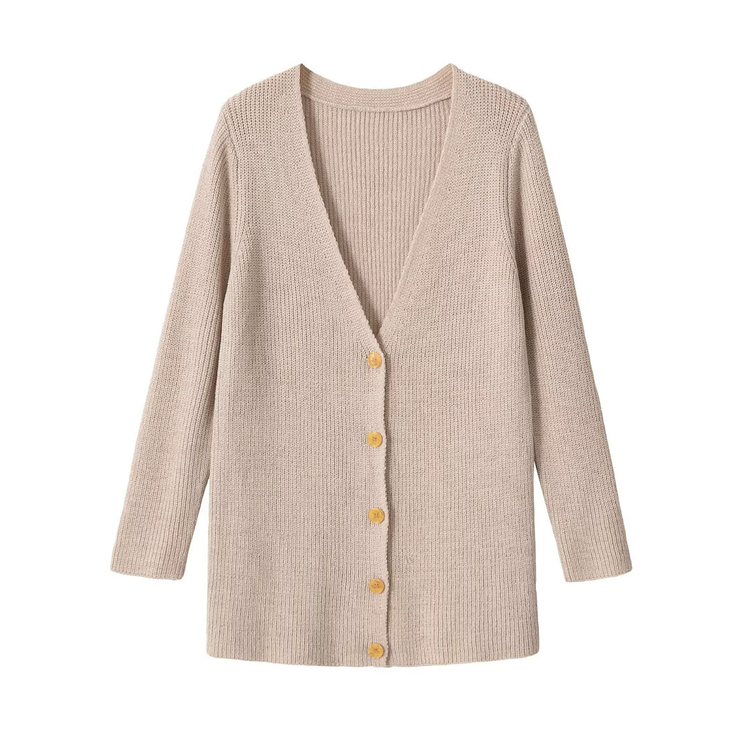 Damen Longline Strickcardigan mit V‑Ausschnitt und Holzknöpfen Nord Taschen