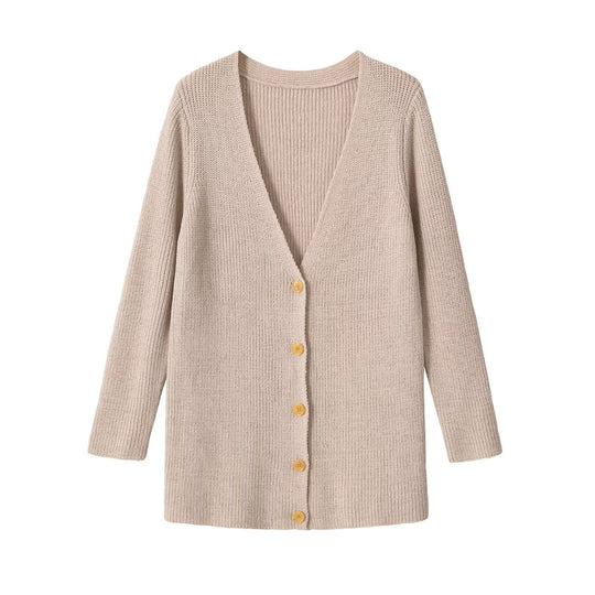 Damen Longline Strickcardigan mit V‑Ausschnitt und Holzknöpfen Nord Taschen