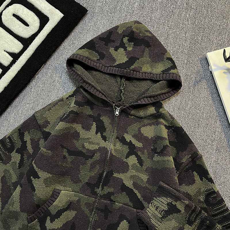 Herren Strick-Kapuzenjacke im Camouflage-Look mit Reißverschluss und used-Details Nord Taschen