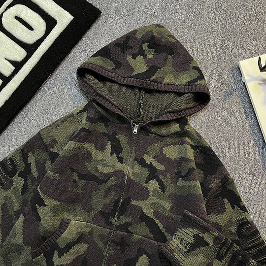 Herren Strick-Kapuzenjacke im Camouflage-Look mit Reißverschluss und used-Details Nord Taschen