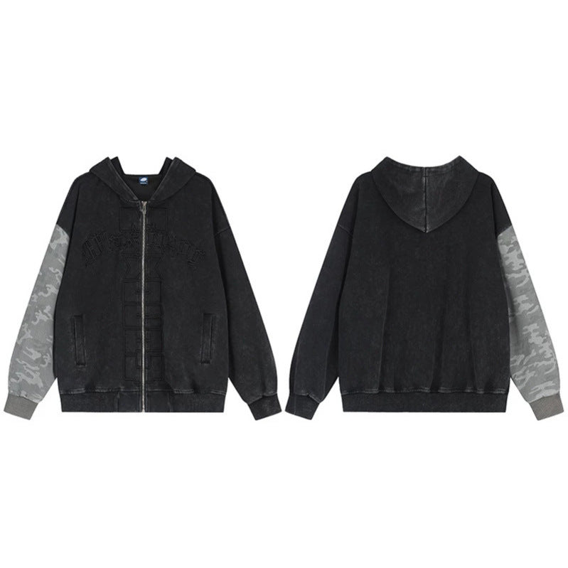 Unisex Oversize-Kapuzen-Zipjacke mit Camouflage-Ärmel, Washed‑Effekt und erhabener Frontstickerei Nord Taschen