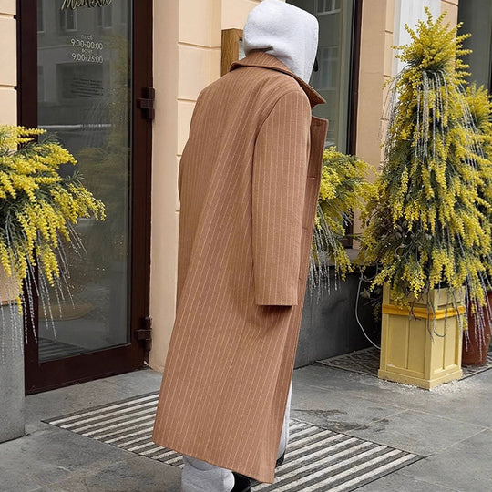 Damen Doppelreihiger Oversize-Wollmixmantel mit Nadelstreifen und weitem Schnitt Nord Taschen