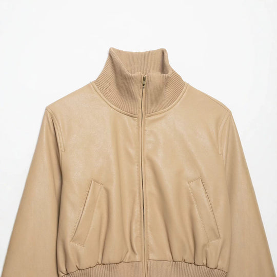 Damen Kurz geschnittener Lederblouson mit hohem Rippkragen Nord Taschen
