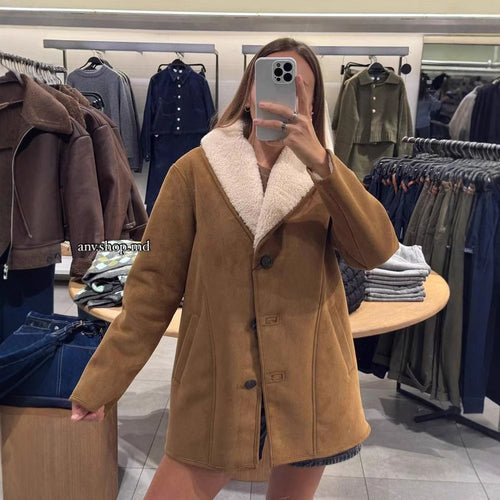 Damen Kurzmantel aus Veloursoptik mit Teddyfutter und Schalkragen Nord Taschen