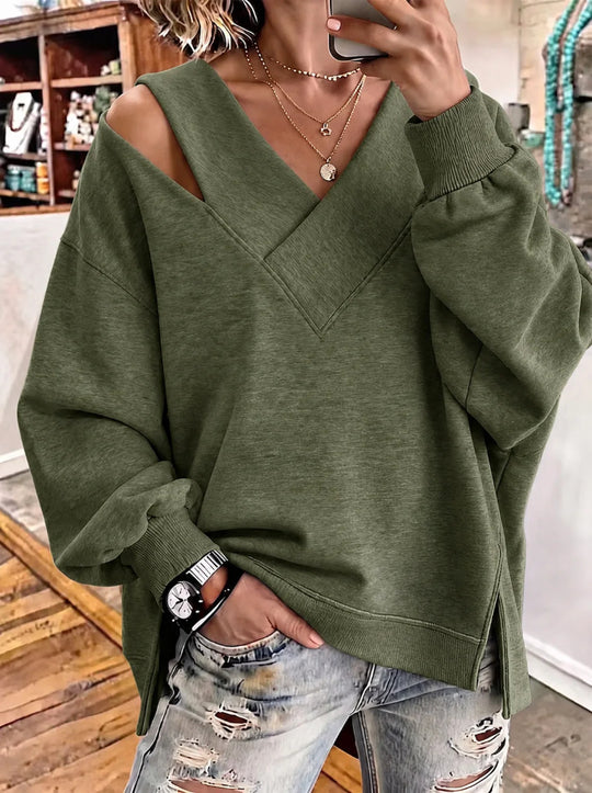 Damen Oversize-Sweatshirt mit V‑Ausschnitt und Cut-Out-Schulter Nord Taschen