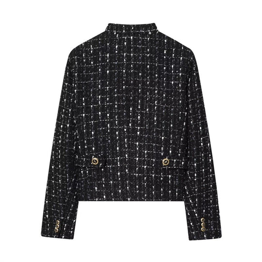 Damen kurze Bouclé‑Tweed‑Jacke mit Stehkragen, Zierknöpfen und Pattentaschen Nord Taschen