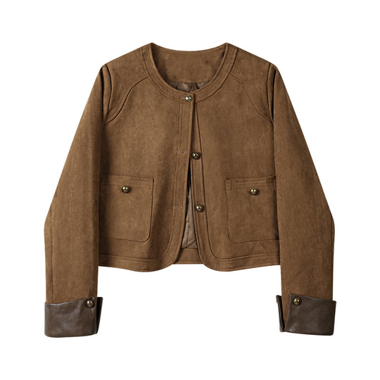 Damen Kurzjacke aus Veloursleder mit Rundhals, aufgesetzten Taschen & Umschlagmanschetten Nord Taschen
