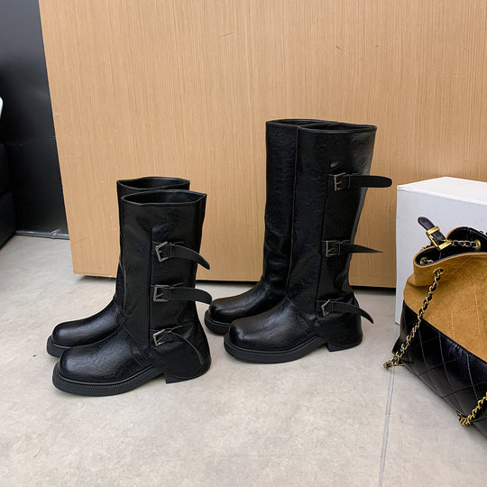 Damen Wadenhohe Stiefel mit dreifacher Gürtelschnalle und profilierter Plateausohle Nord Taschen
