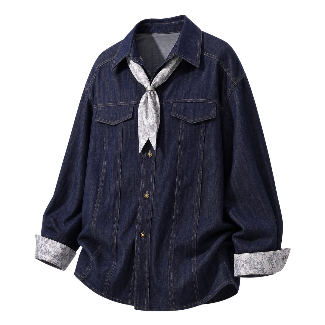 Damen Oversize-Hemdbluse mit floralem Manschettenbesatz und Nackentuch Nord Taschen