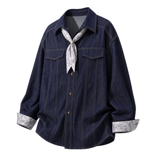 Damen Oversize-Hemdbluse mit floralem Manschettenbesatz und Nackentuch Nord Taschen
