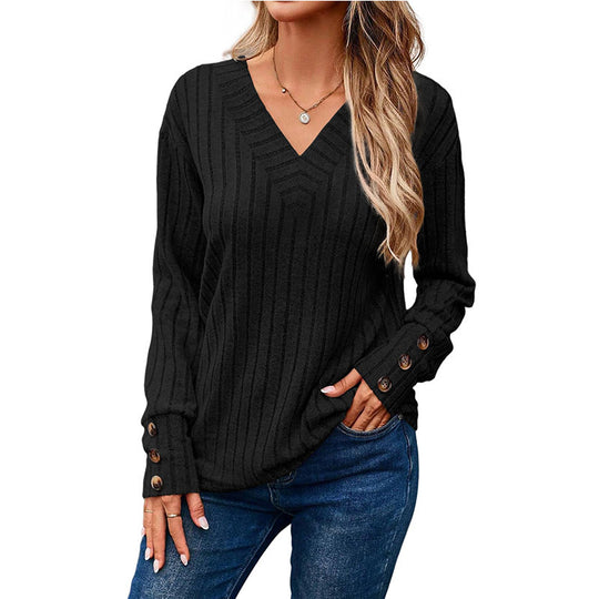 Damen Gerippter V-Ausschnitt Strickpullover mit Knopfmanschetten Nord Taschen