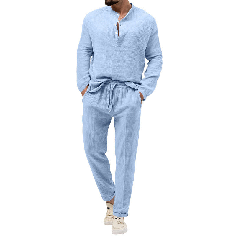 Herren Lässiges Zweiteiliges Lounge-Set aus Baumwoll-Gauze mit Henley-Oberteil und Tunnelzug-Hose Nord Taschen