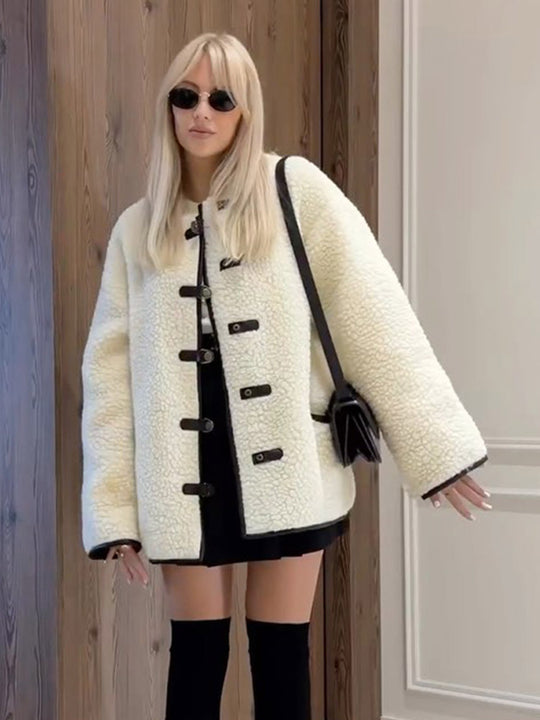 Damen Boxy Teddy-Fleecejacke mit Knebelverschlüssen und Kontrastkanten Nord Taschen