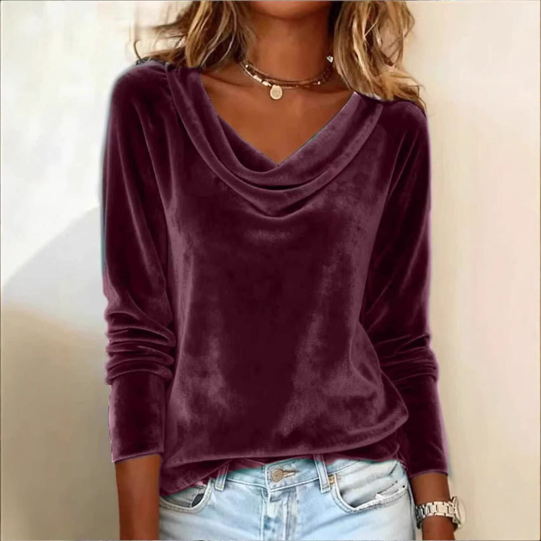 Damen Samt-Longsleeve mit Wasserfallkragen und legerem Schnitt Nord Taschen