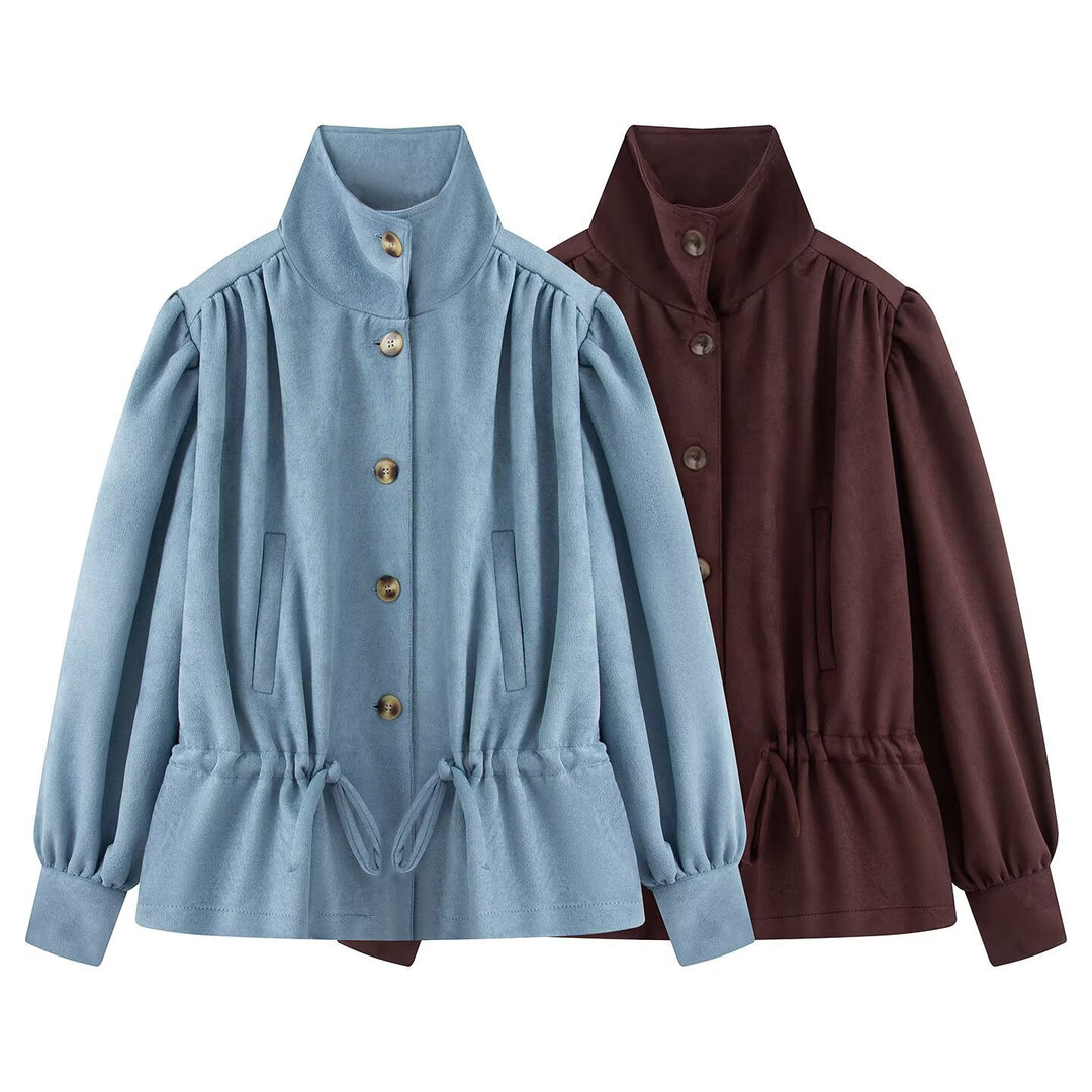 Damen Kurzjacke mit Stehkragen, Tunnelzug und Ballonärmeln Nord Taschen