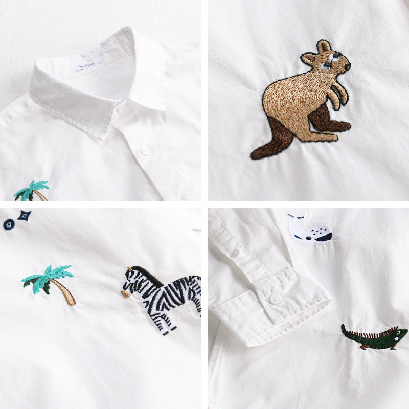 Damen Lockeres Baumwollhemd mit handgestickten Safari-Motiven Nord Taschen