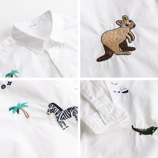 Damen Lockeres Baumwollhemd mit handgestickten Safari-Motiven Nord Taschen