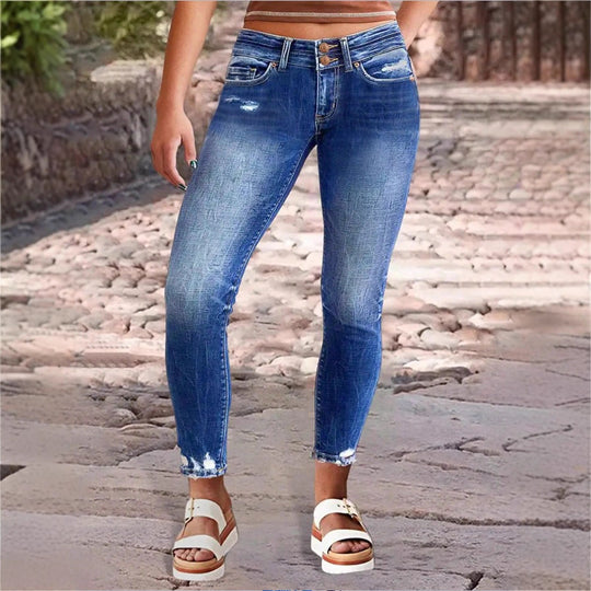 Damen hochgeschnittene Slim‑Cropped‑Jeans mit rohem Saum, Used‑Wash und elastischem Komfortbund Nord Taschen