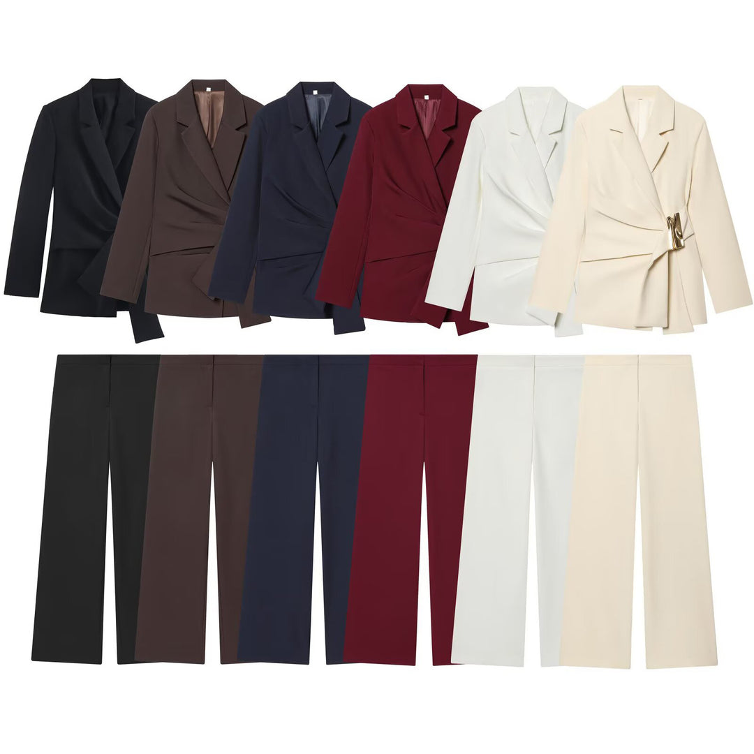 Damen Zweiteiliges Wickelblazer- und Palazzo-Anzugset mit Ziergürtel Nord Taschen
