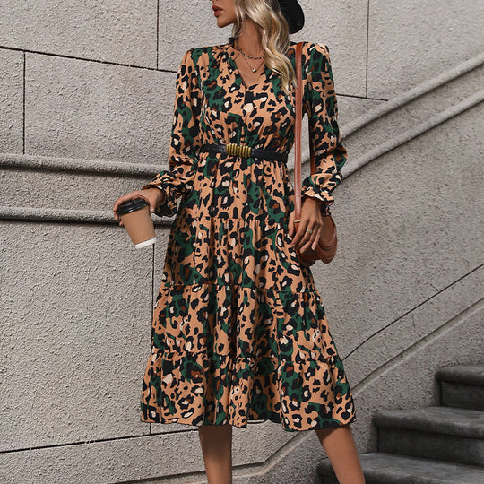 Damen Wickel-Midikleid mit Leopardenmuster, Stufenrock und elastischer Taillenpassform Nord Taschen