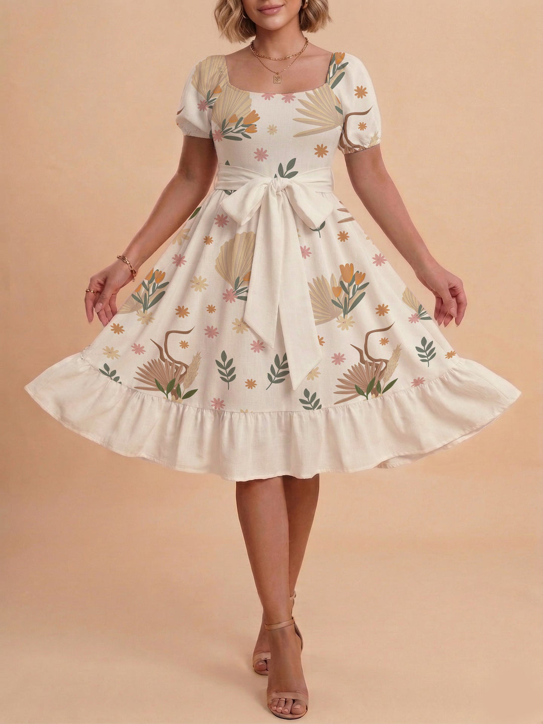 Damen Sommerliches Blumenkleid mit taillierbarem Gürtel und voluminösen Ärmeln