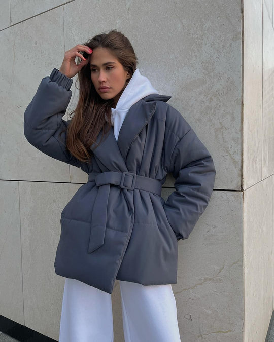 Damen Wattierte Taillierte Steppjacke mit Gürtel und Kapuze Nord Taschen