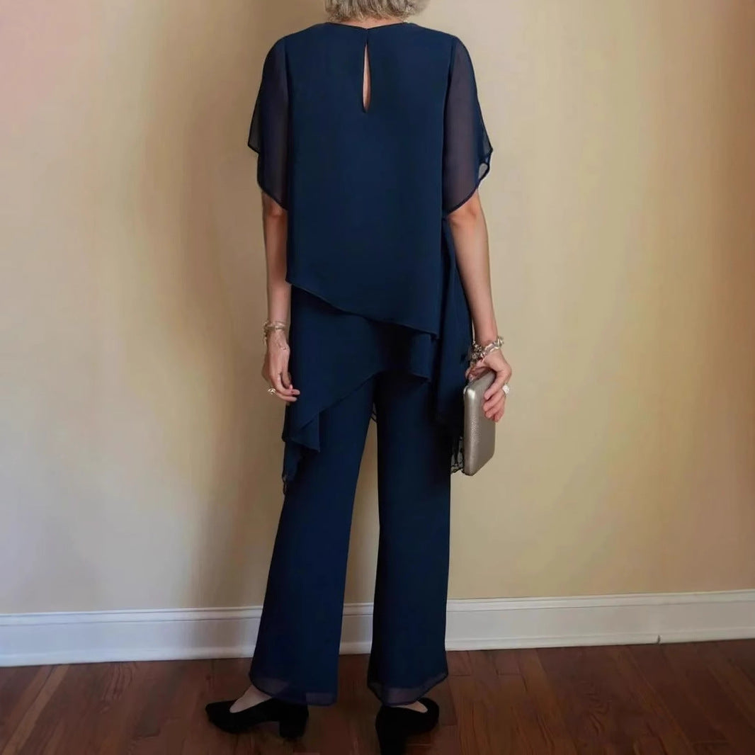 Damen elegantes Ensemble aus fließendem Oberteil und weitem Hose