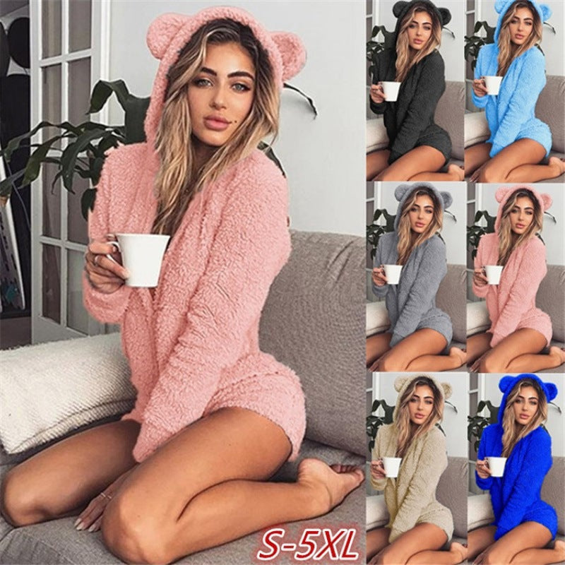 Damen Kuscheliger Teddy-Playsuit mit Kapuze und Bärenohren Nord Taschen