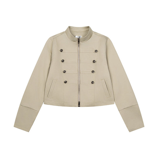 Damen kurze taillierte Militärjacke mit Stehkragen, Zierknopfreihen und Zwei‑Wege‑Reißverschluss Nord Taschen