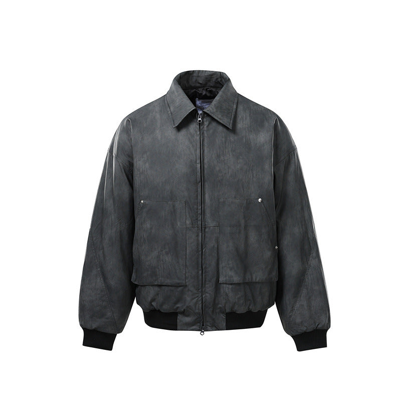 Herren Kurzboxy Vintage-Lederoptik Blouson mit Rippbündchen und großen Pattentaschen Nord Taschen
