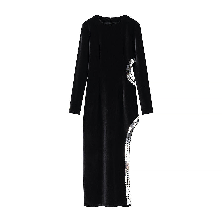 Damen Samt-Maxikleid mit seitlichem Pailletten-Detail Nord Taschen