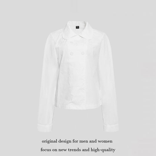Damen Taillierte leichte Baumwoll-Blusenjacke mit Rundkragen und Doppelknopfreihe Nord Taschen