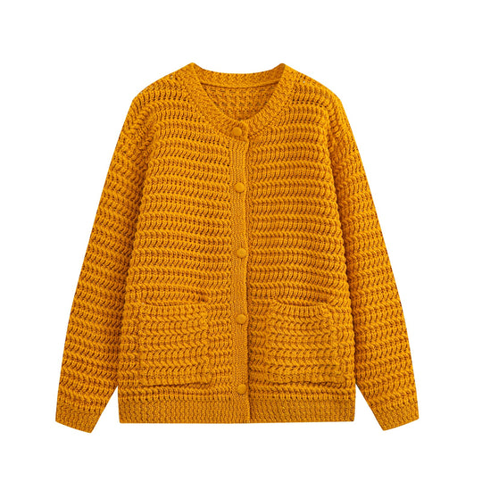 Damen Grobstrukturierter Häkel-Cardigan mit stoffbezogenen Knöpfen und aufgesetzten Taschen Nord Taschen