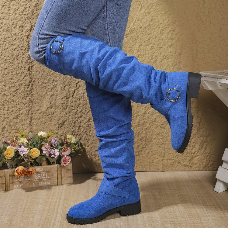 Damen kniehohe Slouch-Stiefel aus Wildlederoptik mit dekorativer Schnalle und rutschfester Profilsohle Nord Taschen