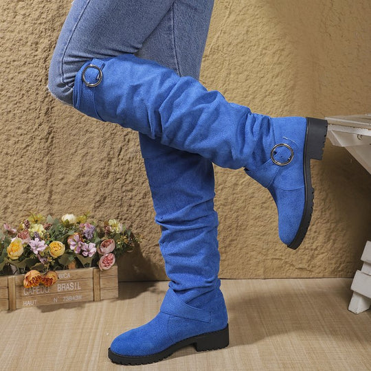 Damen kniehohe Slouch-Stiefel aus Wildlederoptik mit dekorativer Schnalle und rutschfester Profilsohle Nord Taschen