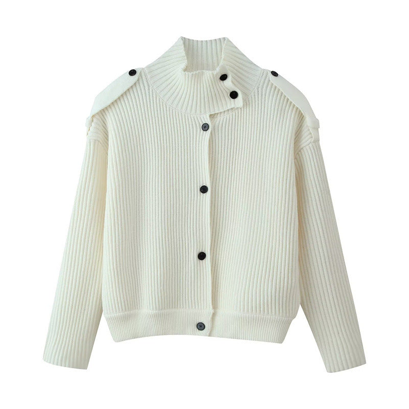 Damen Gerippter Strickcardigan mit Stehkragen und Schulterknopf-Detail Nord Taschen