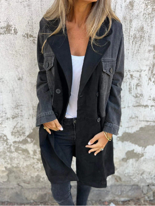 Damen Oversize Jeans-Blazer mit kontrastierendem Wildleder-Einsatz und doppelter Knopfreihe Nord Taschen