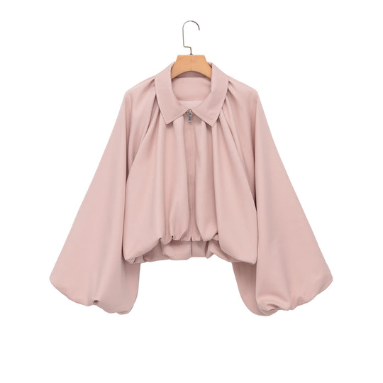 Damen Voluminöse Cropped Cape‑Jacke mit Ballonärmeln und Reißverschluss Nord Taschen