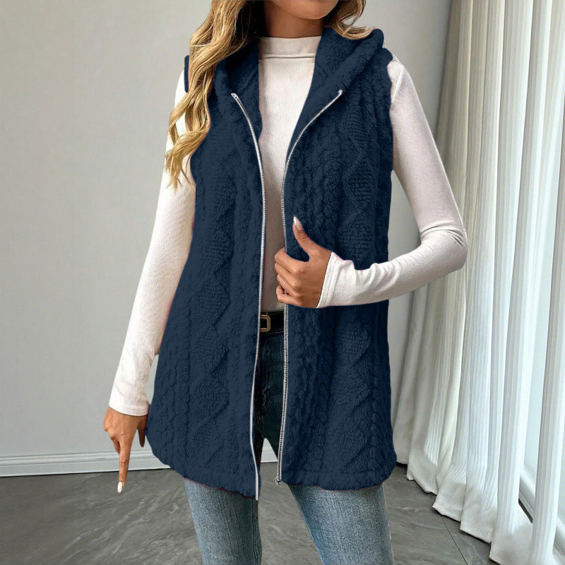 Damen Kapuzen-Teddyweste mit Reißverschluss und strukturierter Strickoptik Nord Taschen