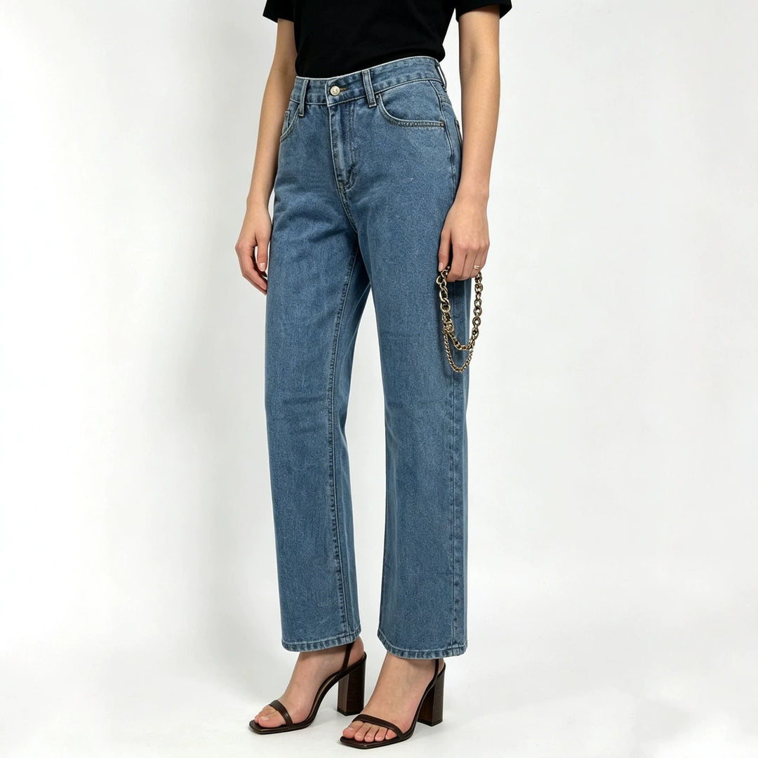 Damen hochgeschnittene Straight-Leg-Jeans mit geradem Bein und dezenter Vintage-Waschung Nord Taschen