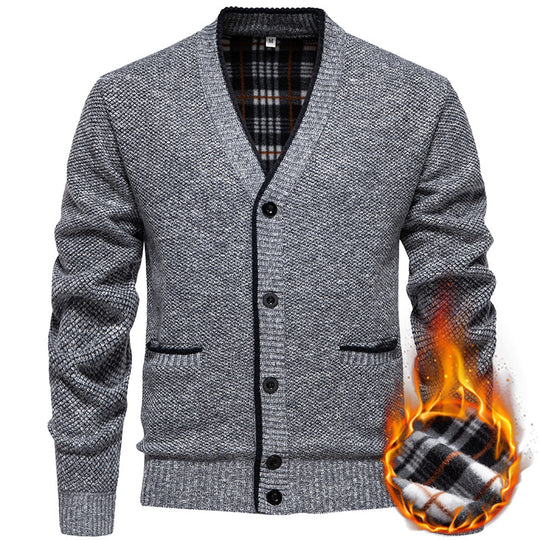 Herren Strukturierter V-Ausschnitt Strickcardigan mit kontrastierter Kante und kariertem Innenbesatz Nord Taschen