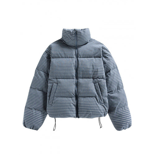 Damen Kurze gesteppte Steppjacke im Karo‑Muster mit hohem Stehkragen und Tunnelzug Nord Taschen